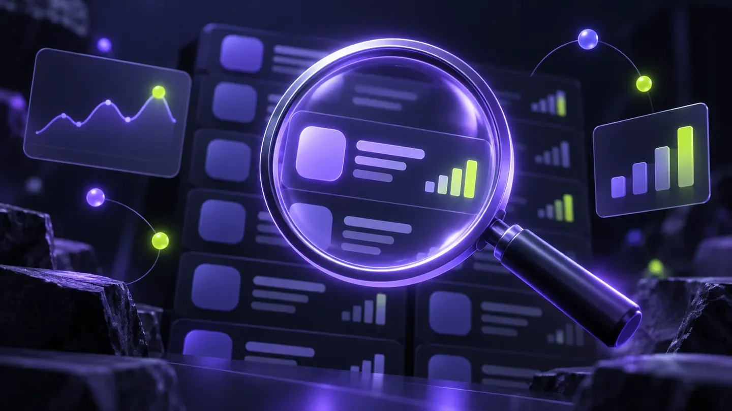 Magnifying glass over abstract app search results and analytics