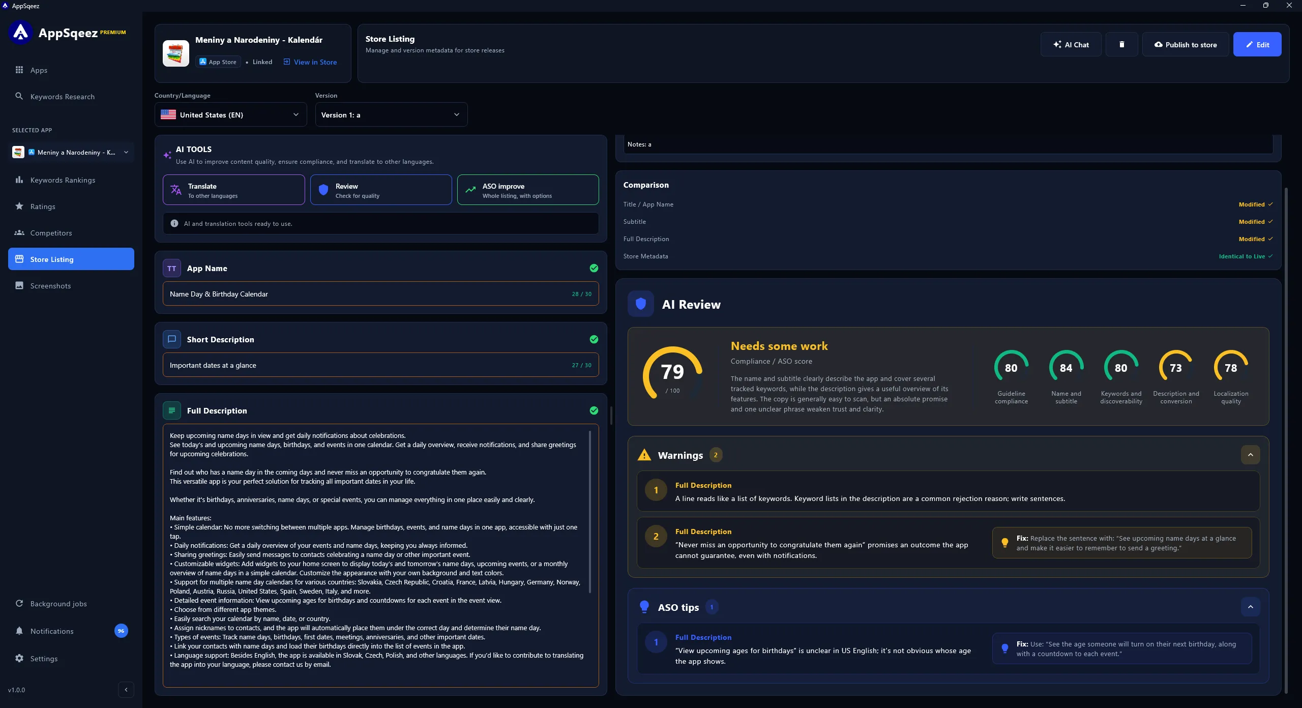 Store listing editor — fields, counters, AI actions