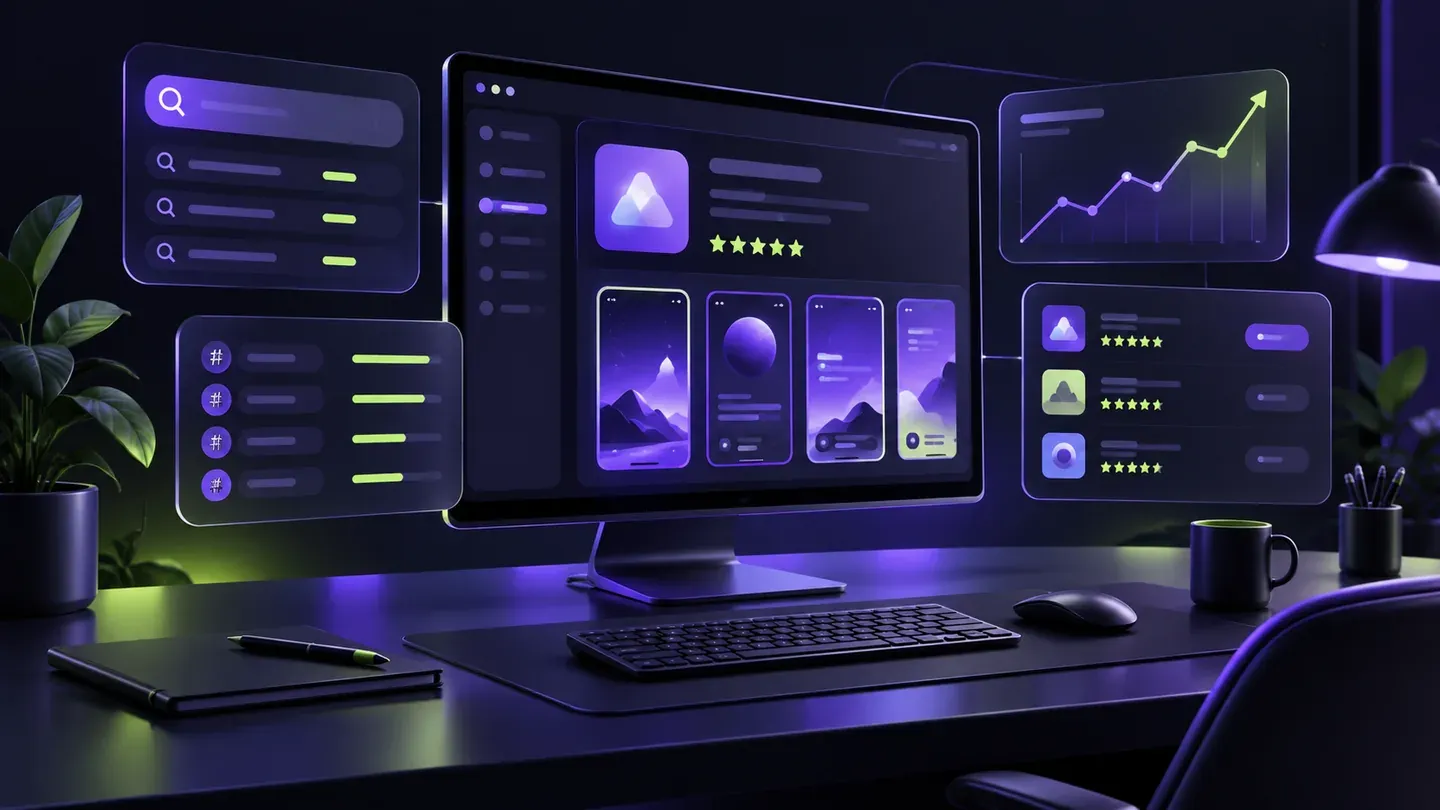 Desktop workbench with app research, rankings, and listing panels